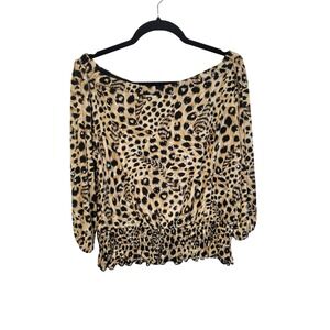 Leopard Women XL/1X Sequin Silky Boat Neck 3/4 Sleeve Roomy Whimsy Blouse Animal